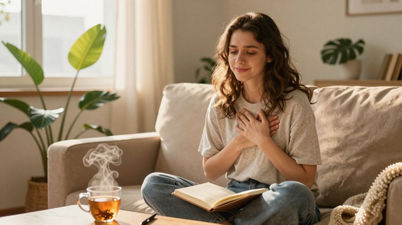 Mulher sentada no sofá com livro aberto e mãos no peito, ao lado chá quente numa sala iluminada.