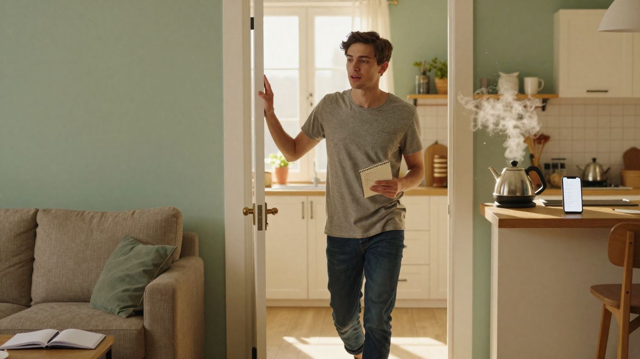 Homem jovem a entrar na cozinha com bloco de notas, chaleira a ferver no fogão e smartphone na bancada.