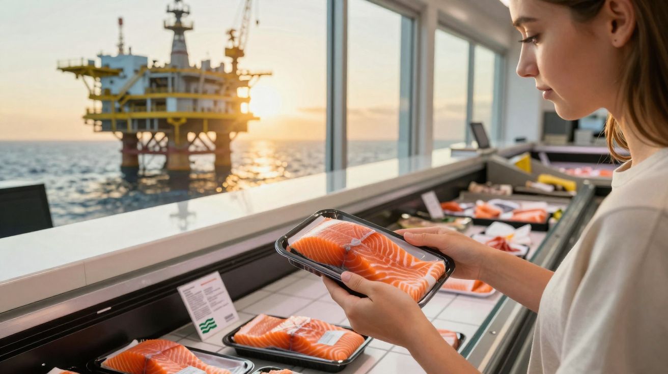 Mulher a segurar embalagem de salmão fresco num balcão de peixe com plataforma petrolífera ao fundo.