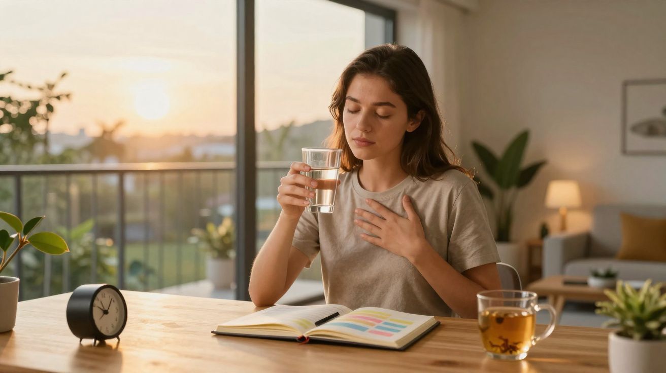 Mulher sentada a ler com um copo de água, mão no peito, numa mesa com chá, planta e relógio ao pôr do sol.