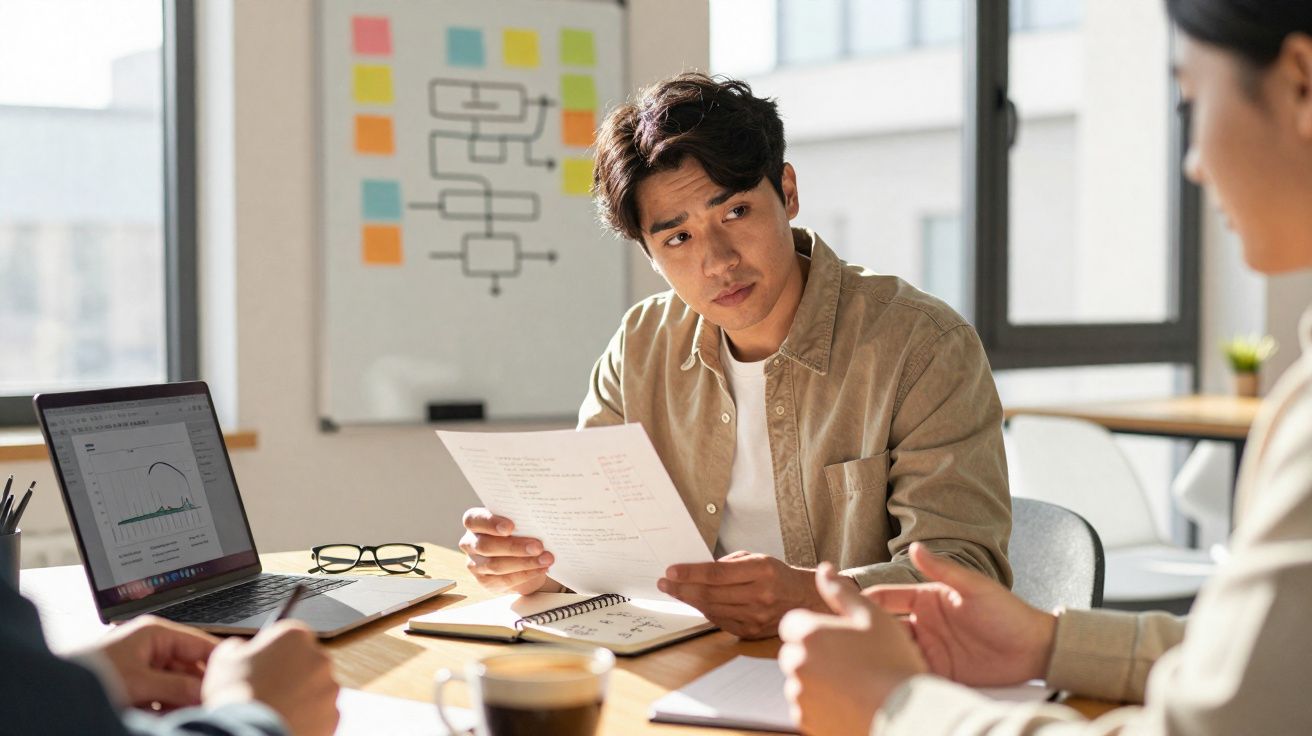 Jovem a analisar documentos durante reunião de trabalho com colegas em ambiente de escritório iluminado.