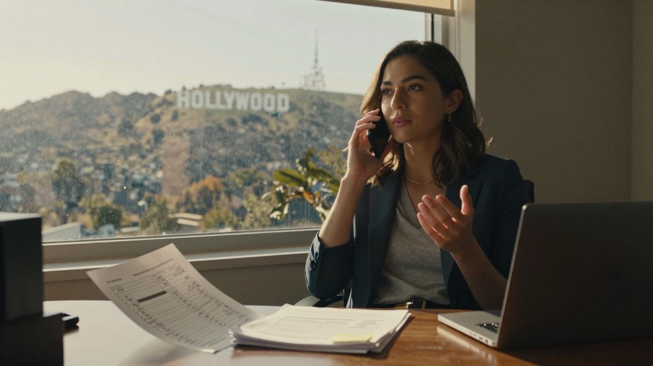 Mulher num escritório a falar ao telefone com vista para o letreiro de Hollywood ao fundo.