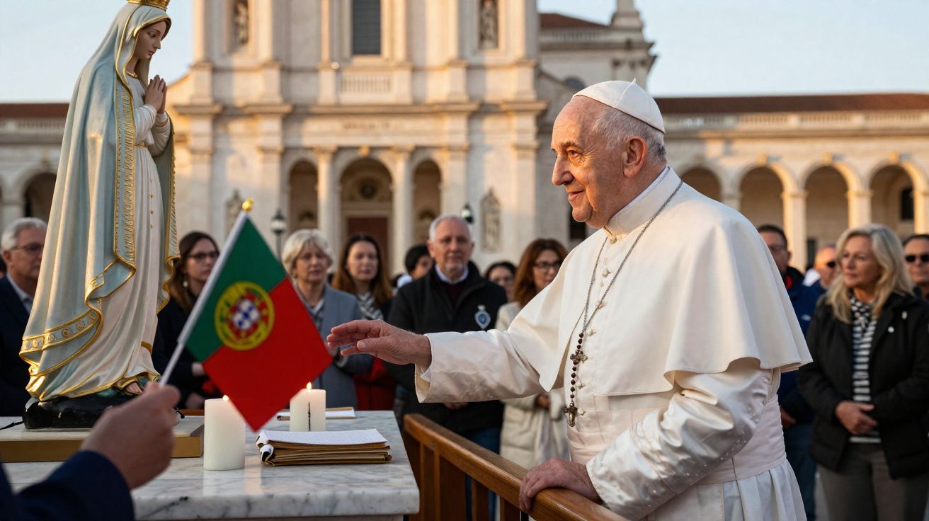 Papa Francisco a rezar diante de uma estátua da Virgem Maria com fiéis ao fundo numa praça histórica.