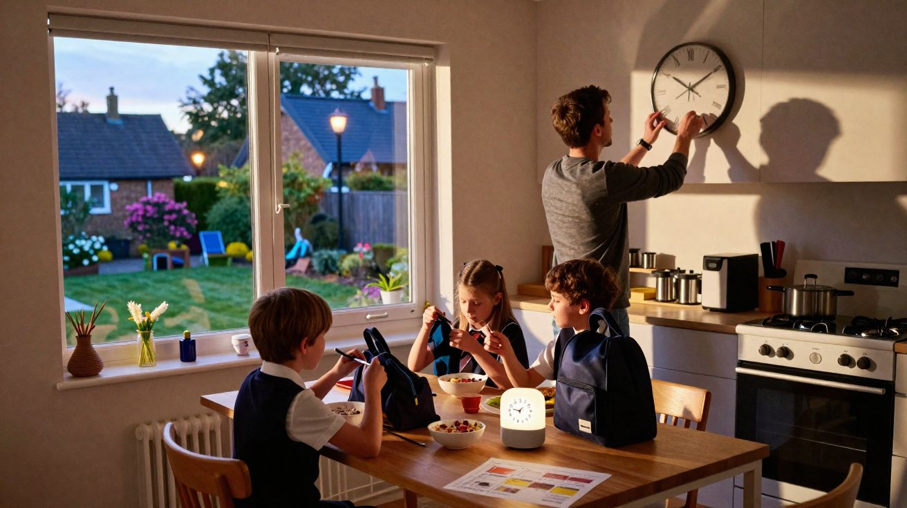 Pai muda as horas no relógio de parede enquanto três crianças tomam pequeno-almoço à mesa da cozinha.