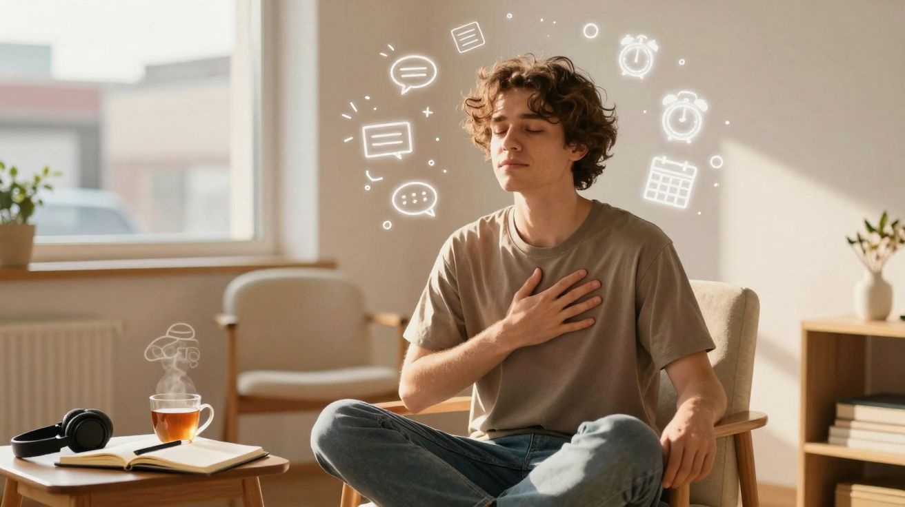 Jovem sentado com olhos fechados e mão no peito, meditando num ambiente tranquilo e iluminado.