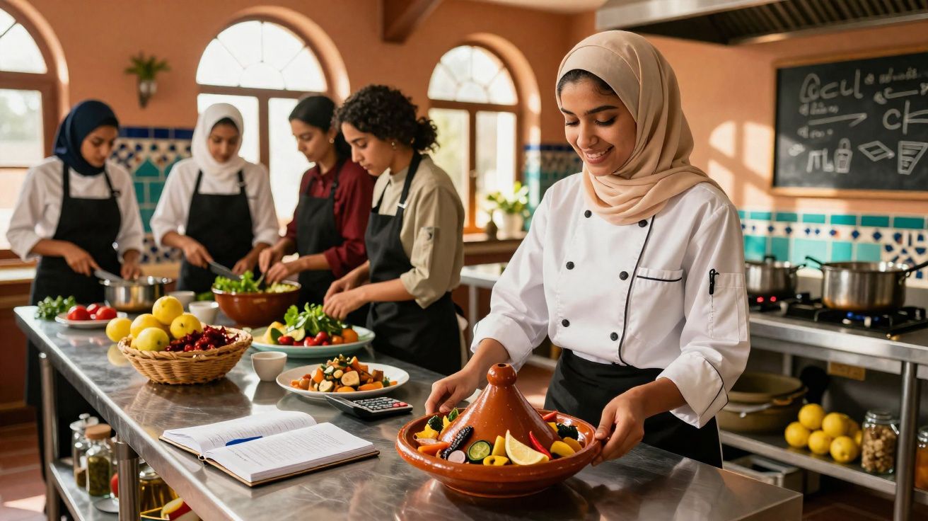 Jovens chefes a preparar refeições marroquinas numa cozinha tradicional com azulejos coloridos.