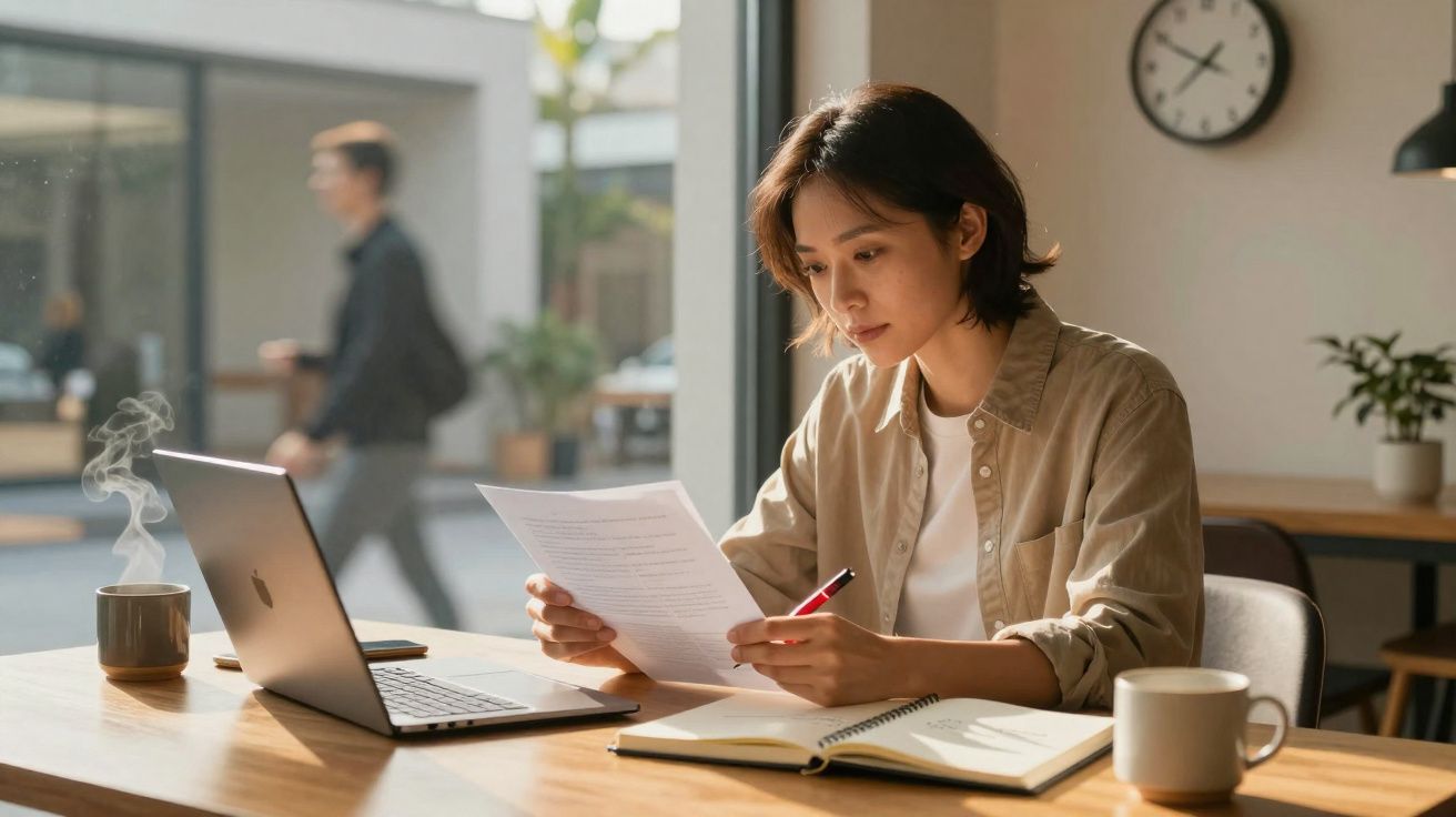 Mulher com roupa casual a analisar documentos sentada numa mesa com computador, cadernos e chá quente.