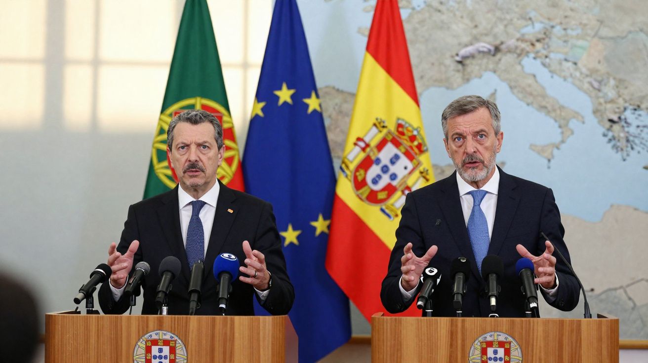 Dois homens em fato falam em conferência de imprensa com bandeiras de Portugal, União Europeia e Espanha ao fundo.