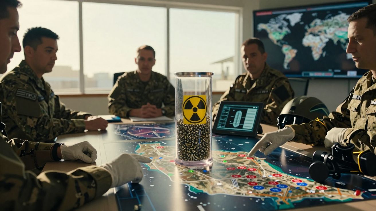 Soldados em uniforme militar analisam mapa digital e recipiente com símbolo de radiação numa sala de controlo.