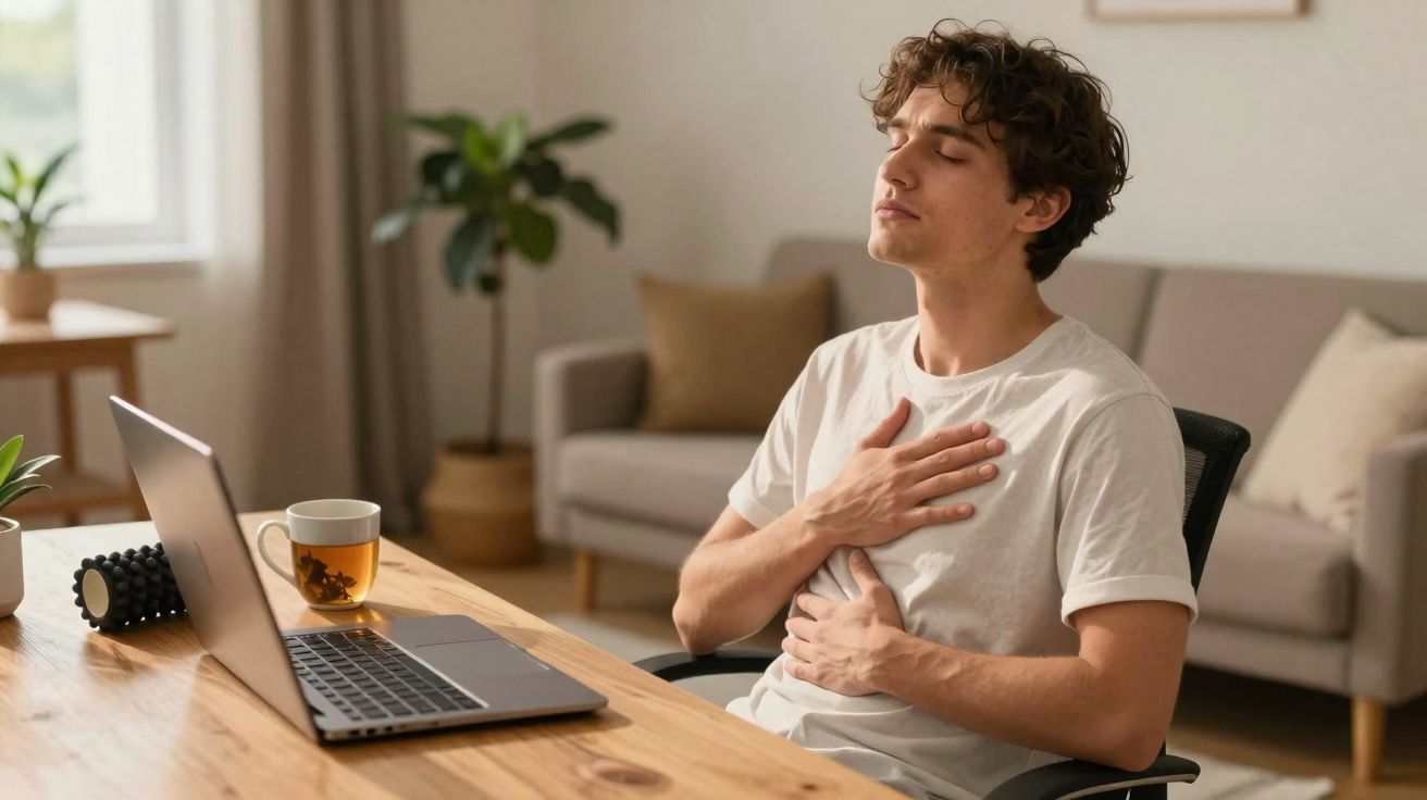 Homem sentado a respirar profundamente com mãos no peito junto a computador e chá numa mesa de madeira.