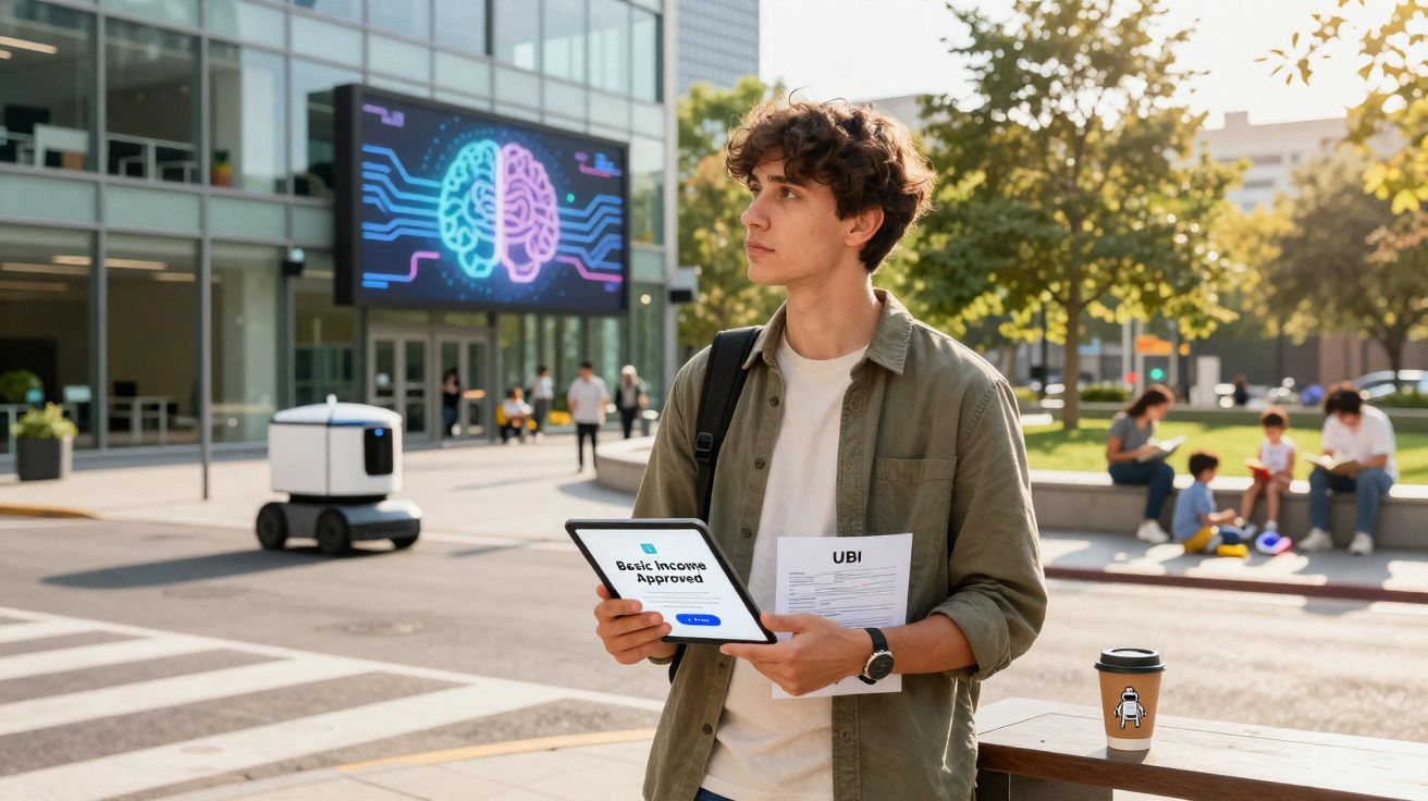 Jovem segurando tablet com aprovação de rendimento básico universal em área urbana com robô e painel digital ao fundo.