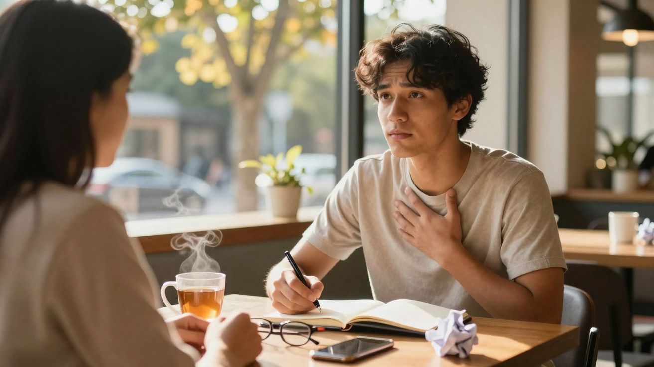 Jovem a escrever num caderno enquanto conversa preocupado com outra pessoa numa cafetaria.