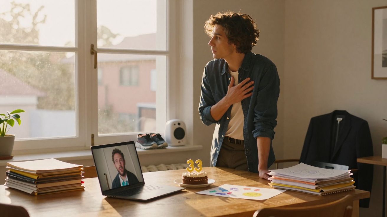 Homem surpreendido celebra aniversário sozinho em videochamada com bolo e decoração no escritório em casa.