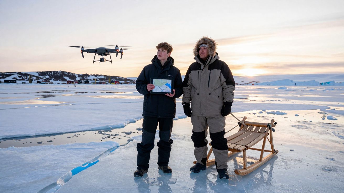 Duas pessoas vestidas para frio, a operar um drone sobre gelo com trenó ao lado ao pôr do sol.