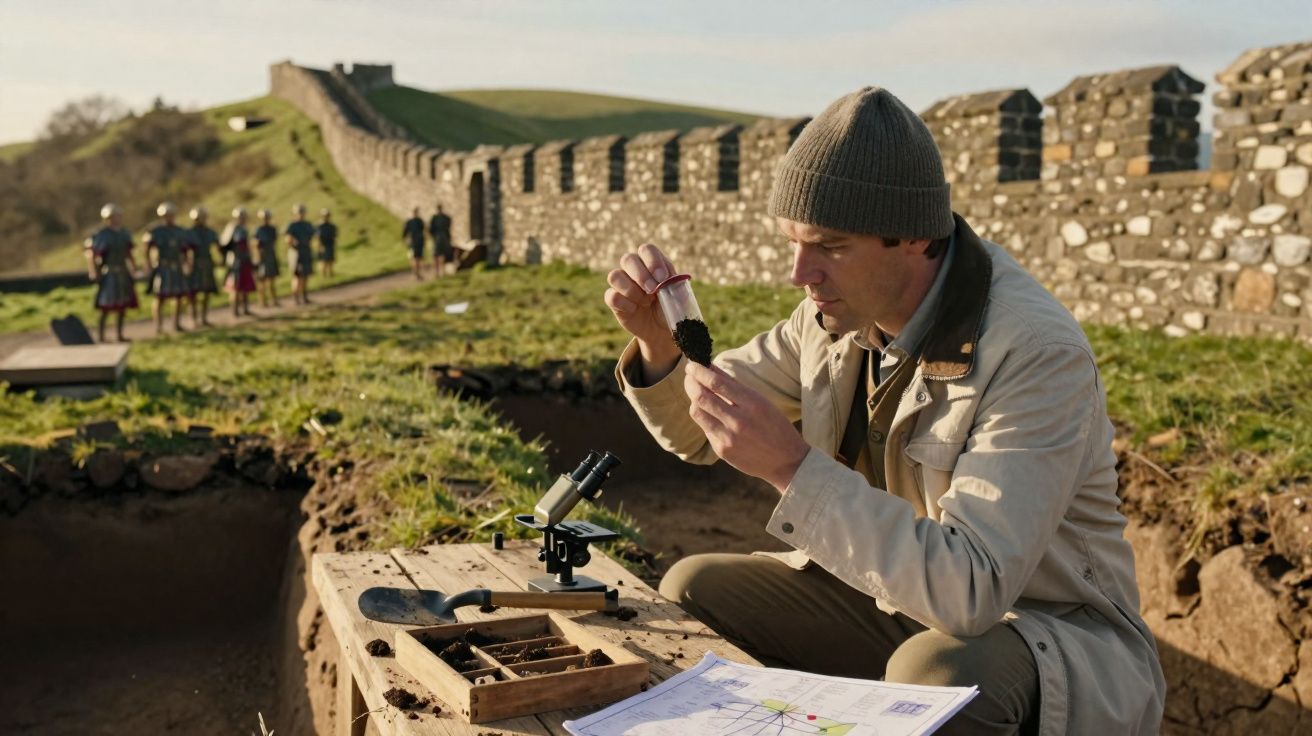 Arqueólogo a analisar amostra num sítio de escavação perto de uma muralha de pedra antiga.