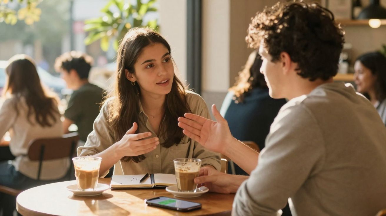 Duas pessoas a conversar numa esplanada, com café e telemóvel na mesa, em ambiente iluminado e descontraído.