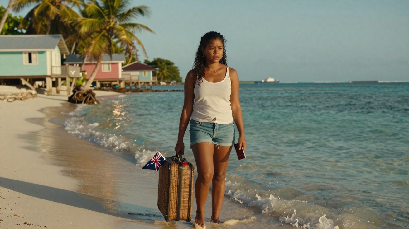 Mulher jovem caminha na praia com mala de viagem e passaporte, com casas coloridas e palmeiras ao fundo.