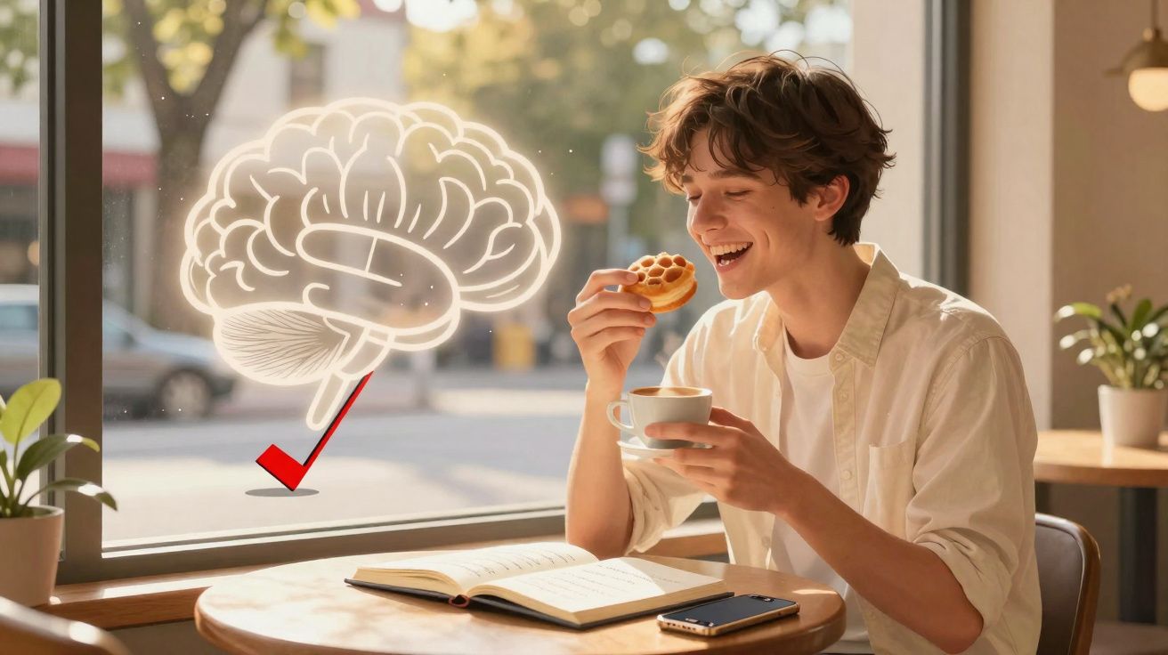 Jovem a sorrir enquanto come bolacha e bebe chá numa mesa com livro aberto e telemóvel.