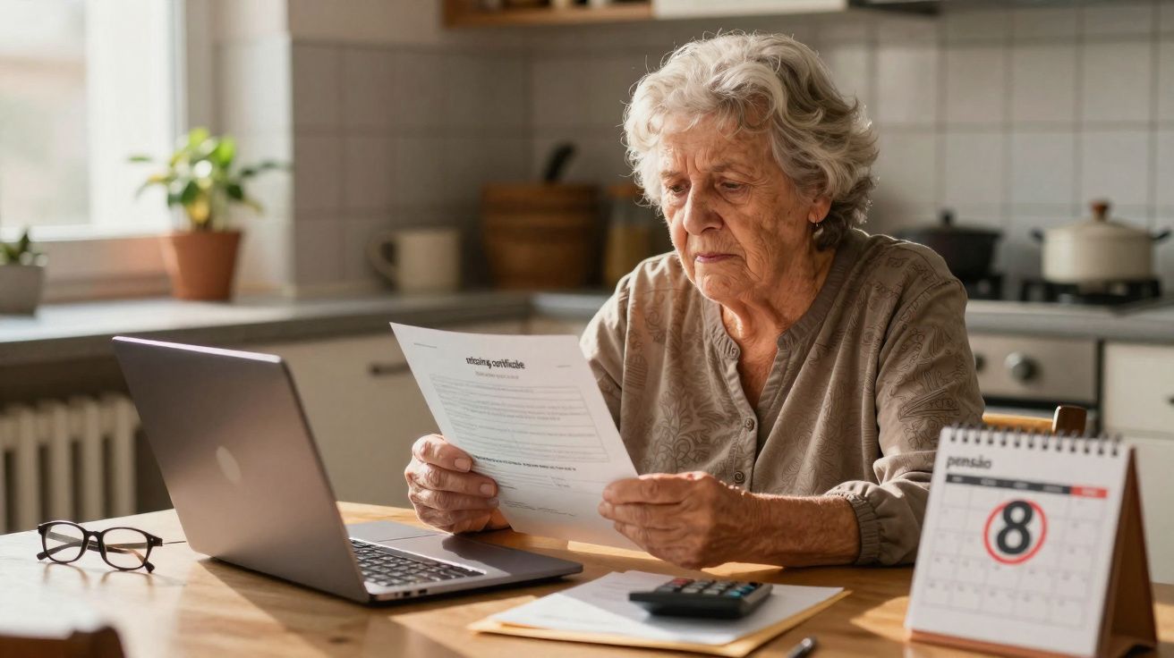 Senhora idosa a ler documento numa mesa com laptop, calculadora e calendário marcado no dia 8.