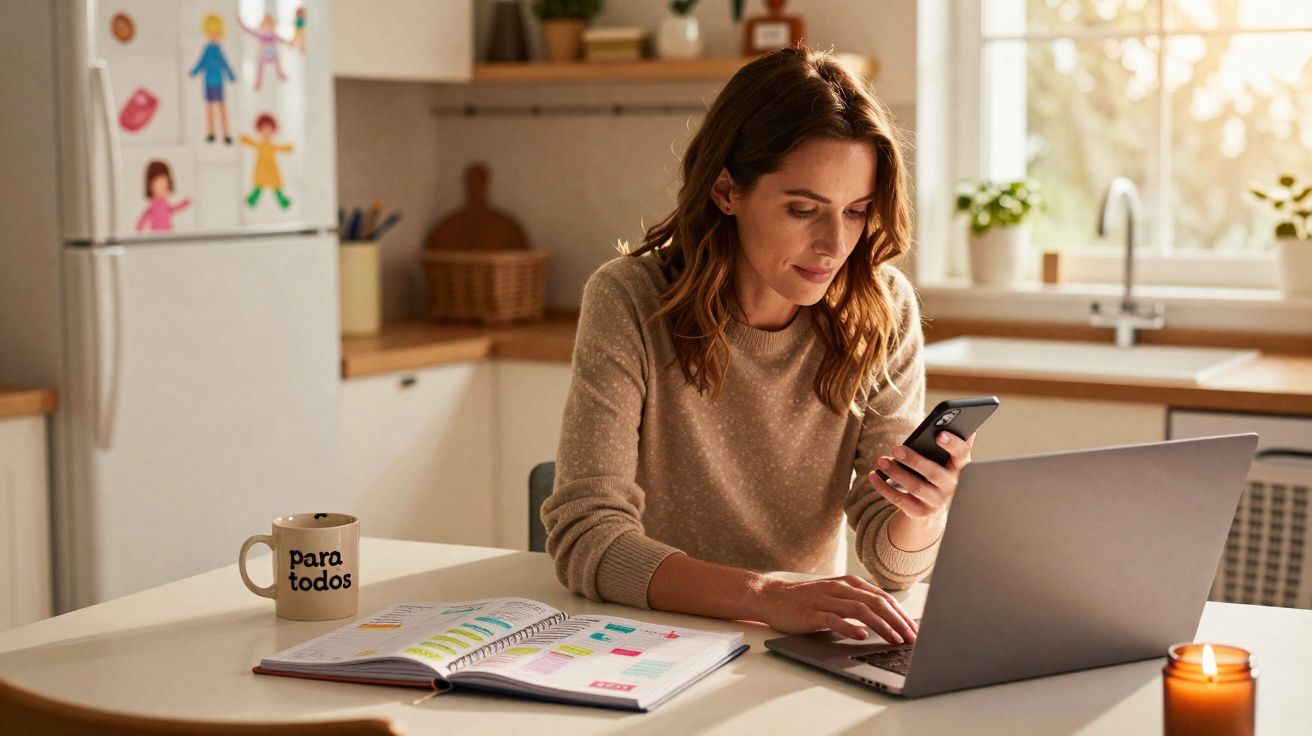 Mulher sentada à mesa a usar telemóvel e portátil, com agenda e caneca "para todos" numa cozinha iluminada.