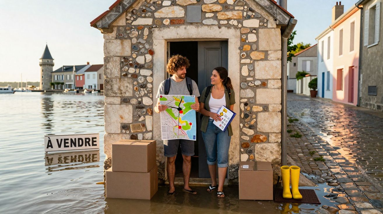 Casal em casa inundada com caixas e mapa, à venda, em zona ribeirinha com água pela rua.