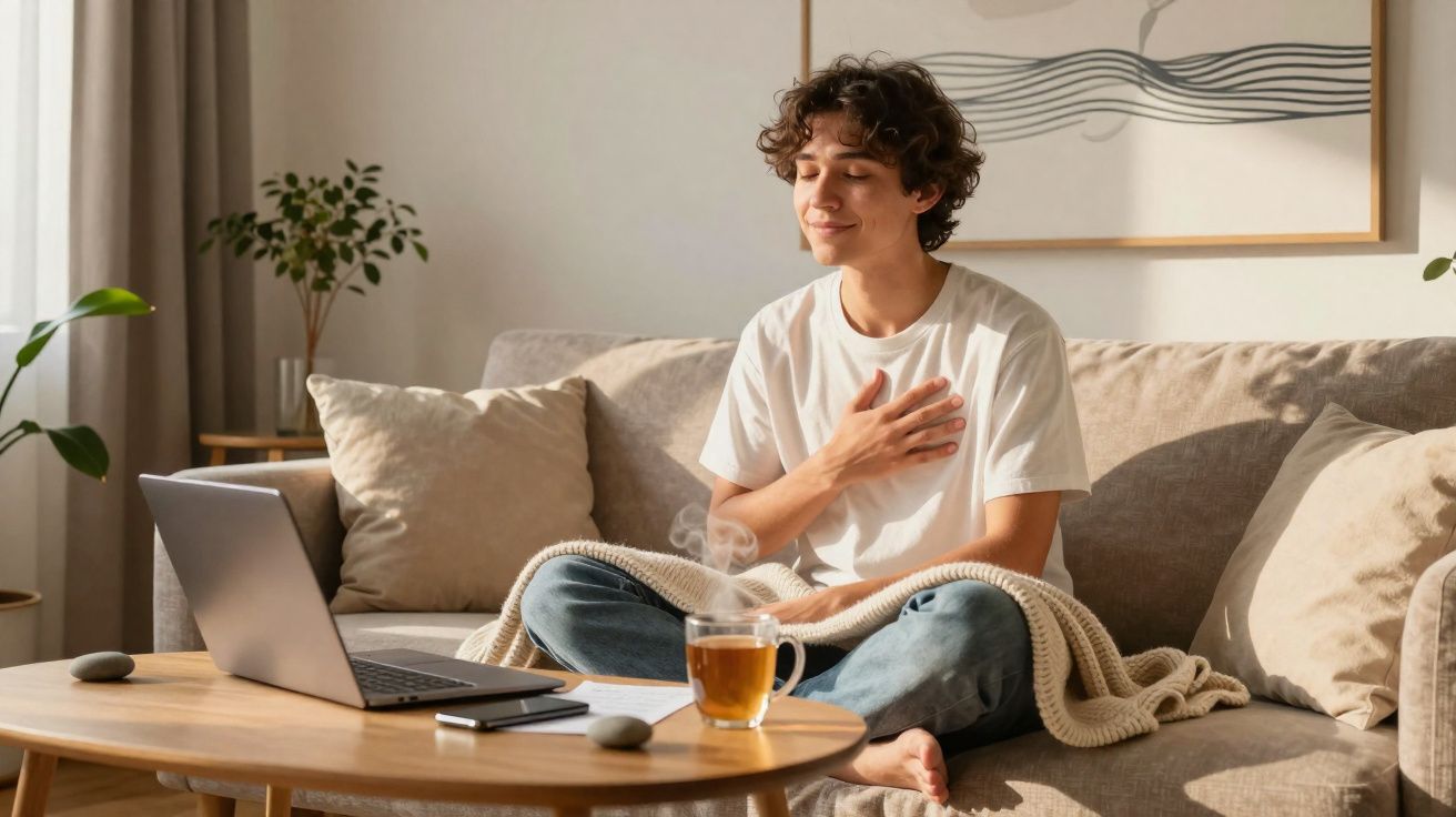 Jovem sentado no sofá com expressão serena, mão no peito, laptop e chá numa mesa à frente.