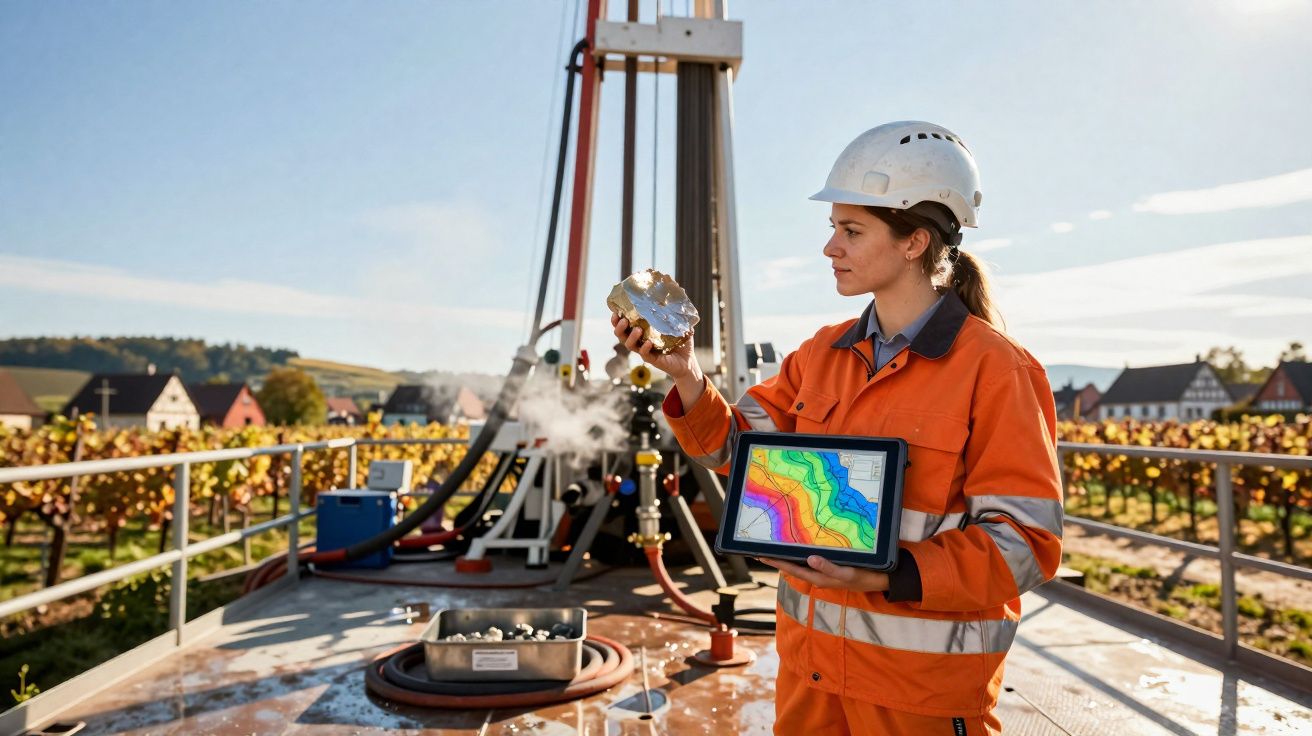 Mulher geóloga com capacete e fato laranja segura rochedo e tablet junto a equipamento de perfuração em vinhas.