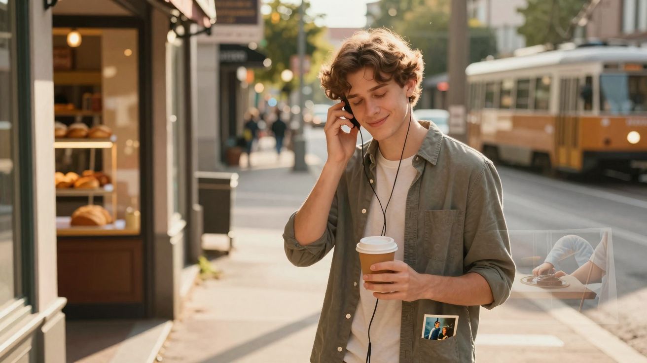 Jovem com auriculares segura café para viagem e sorri numa rua urbana com elétrico a passar ao fundo.