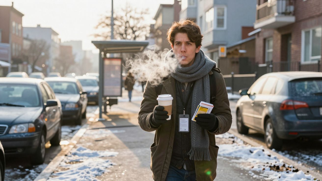 Homem jovem e agasalhado a fumar e segurar café numa rua de inverno com neve e carros estacionados.