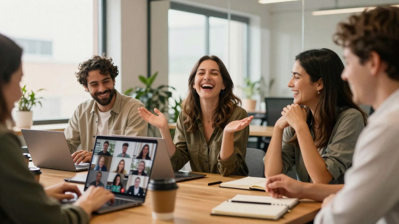 Grupo de quatro pessoas numa reunião descontraída com laptop a fazer videochamada com mais participantes.