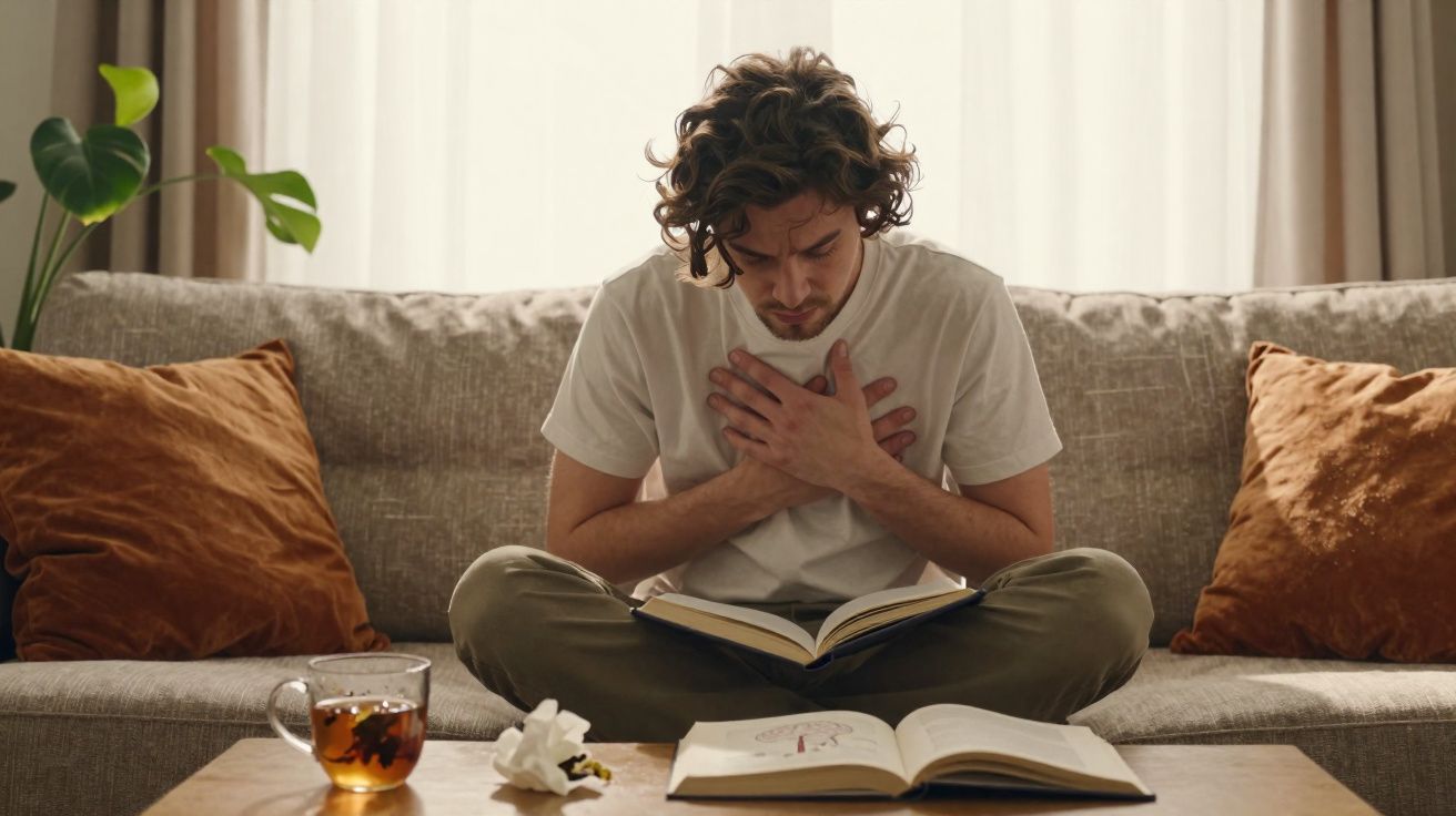 Homem sentado no sofá com mãos no peito, lendo livro, à frente mesa com chá e lenço usado.