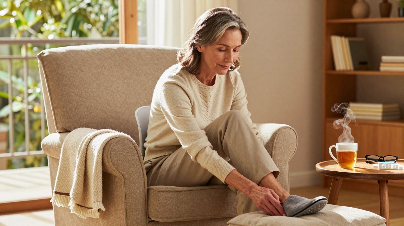 Mulher sentada numa poltrona a calçar chinelos, num ambiente luminoso e acolhedor com chá quente numa mesa.