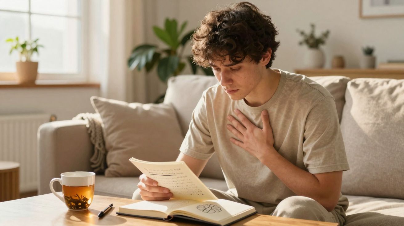 Jovem sentado no sofá a ler um livro, com mão no peito e chá na mesa à frente.