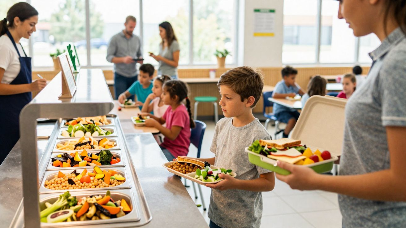 Crianças a fazer fila para almoçar numa cantina escolar com comida saudável servida por funcionária.