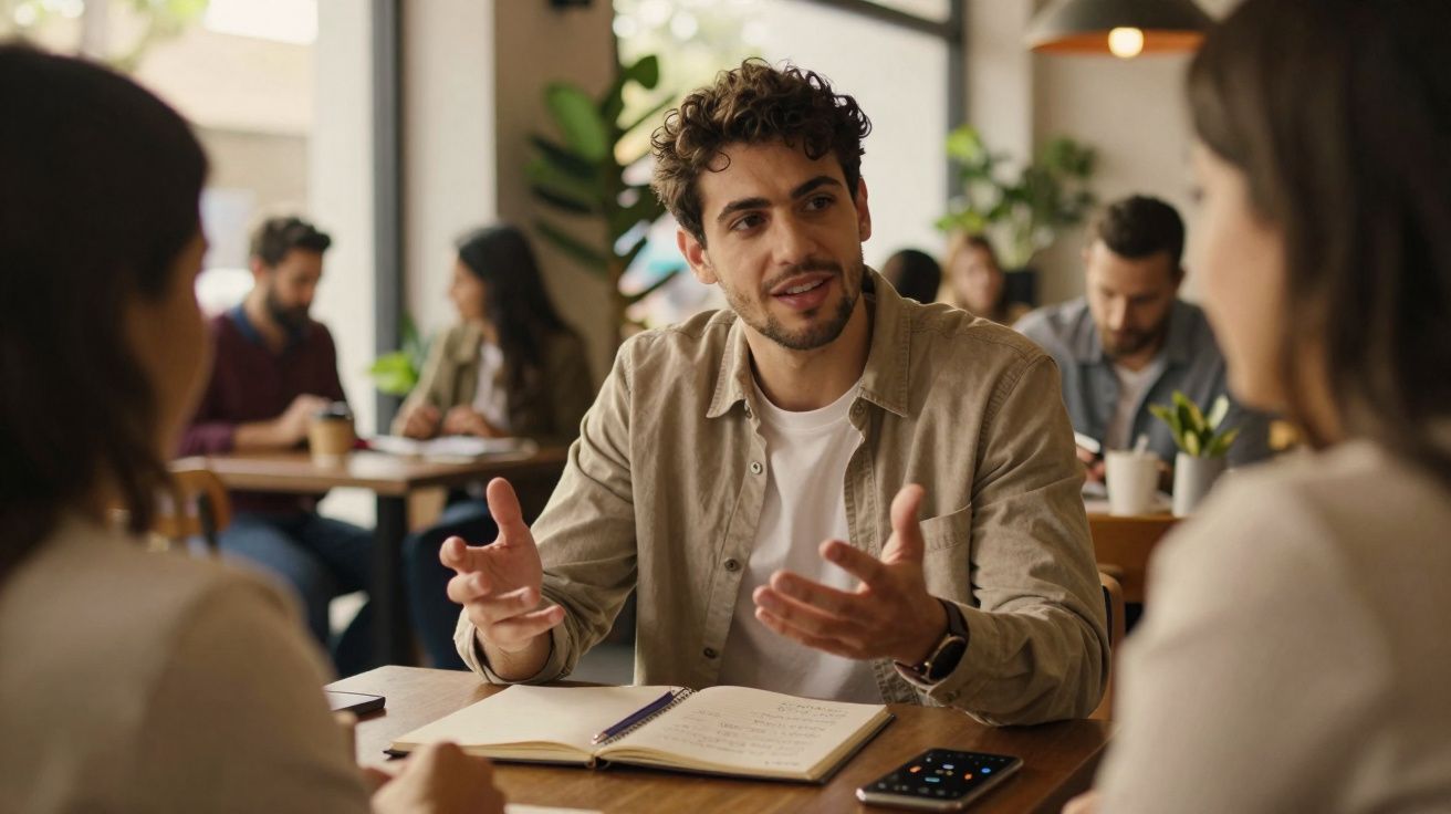 Homem a conversar e explicar ideias a colegas numa mesa com caderno e telemóvel num café moderno.