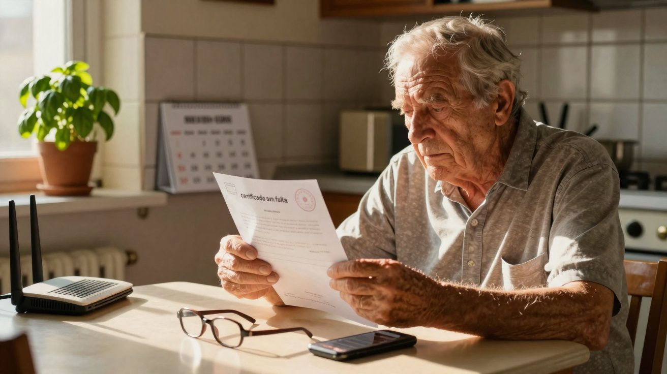 Idoso sentado à mesa da cozinha, a analisar um documento chamado certificado em falta.