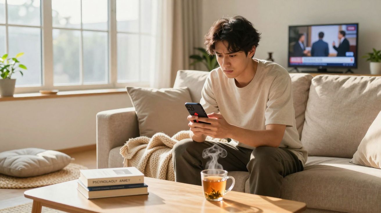 Homem sentado no sofá a usar telemóvel, com chá quente na mesa e televisão ligada ao fundo.