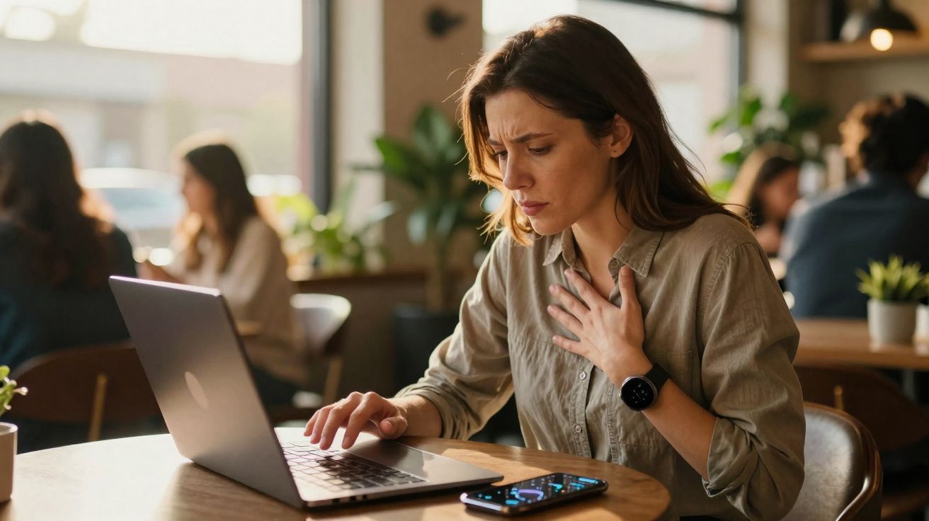Mulher sentada num café com ar preocupado, usando portátil e segurando o peito com uma mão.
