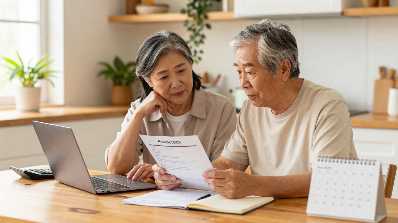 Casal sénior asiático a analisar documentos financeiros na mesa de cozinha com computador e calendário.