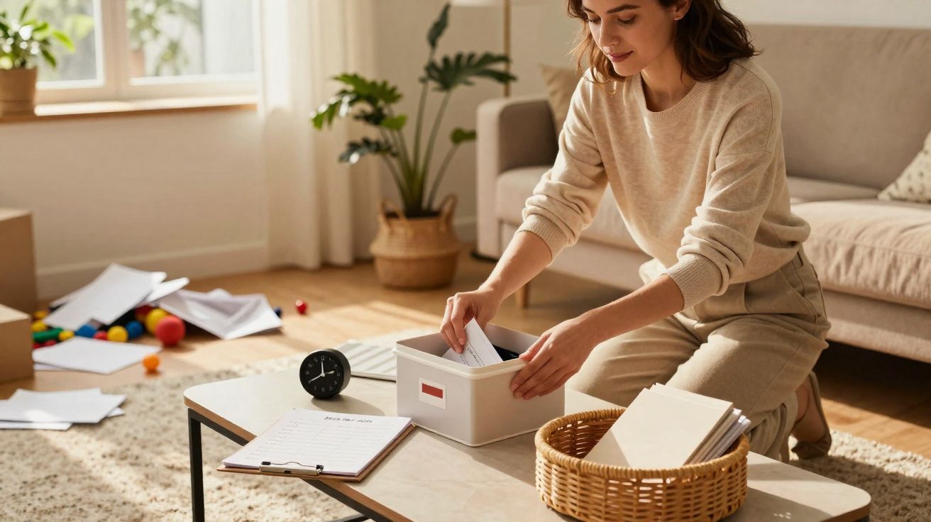 Mulher a organizar e guardar papéis numa caixa numa sala de estar com luz natural.