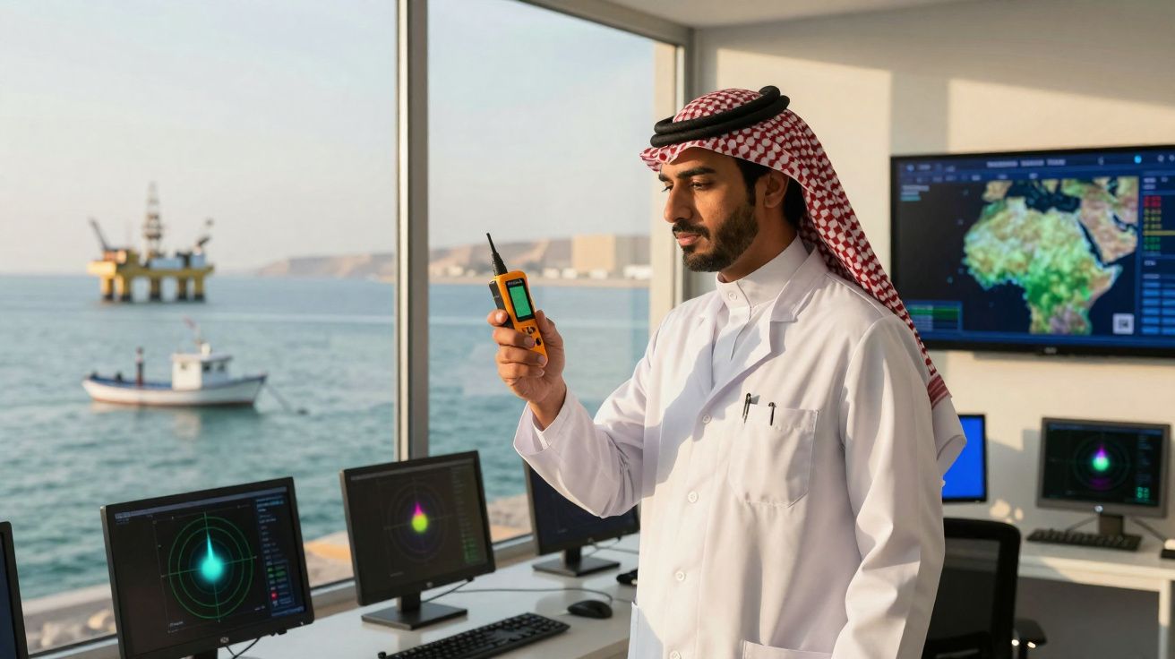 Homem árabe em jaleco branco com rádio na mão, num escritório com vista para o mar e plataformas offshore.