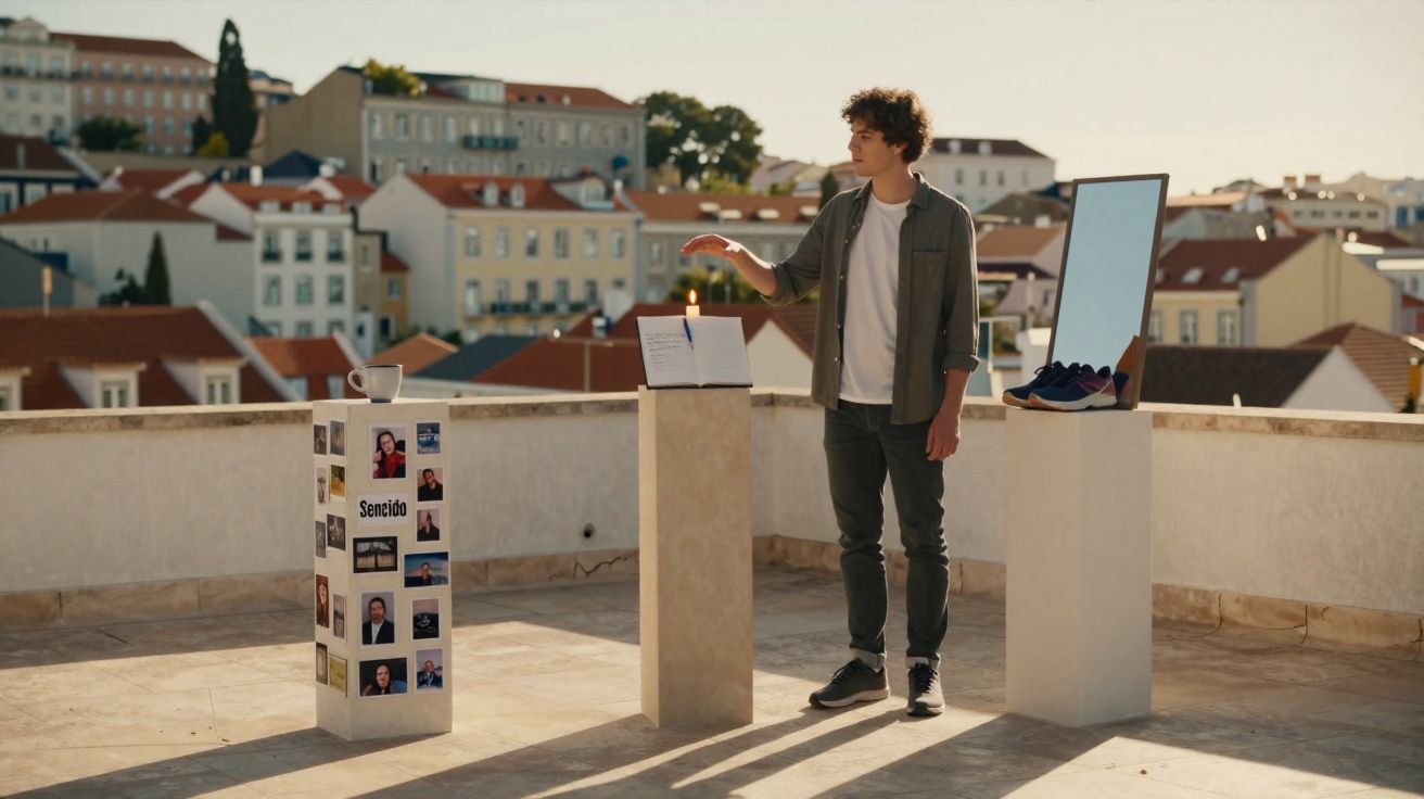 Jovem em terraço com três pedestais, um com fotos, outro com livro aberto e vela acesa, e um com espelho e sapatos.