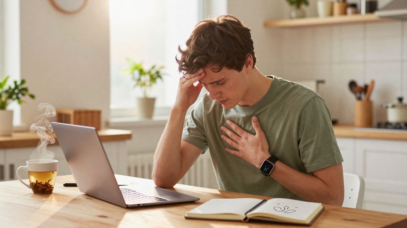 Jovem sentado numa cozinha a trabalhar no computador, segurando o peito com expressão de dor.