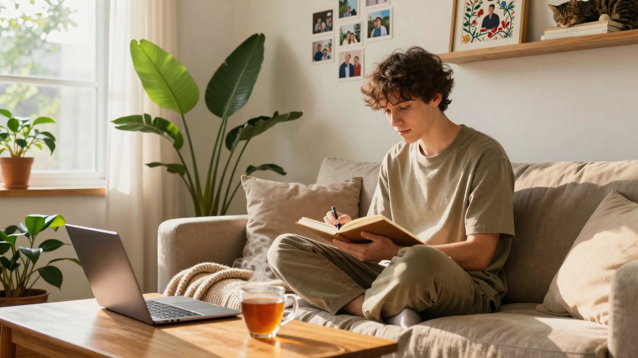 Jovem sentado no sofá, a escrever num caderno, com um portátil e chá numa mesa frente a si.