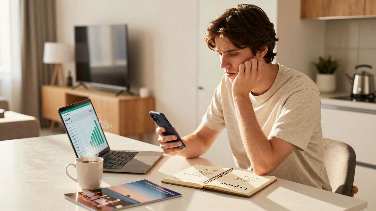 Jovem sentado numa mesa, a olhar para o telemóvel, com computador, caderno e chá à sua frente.