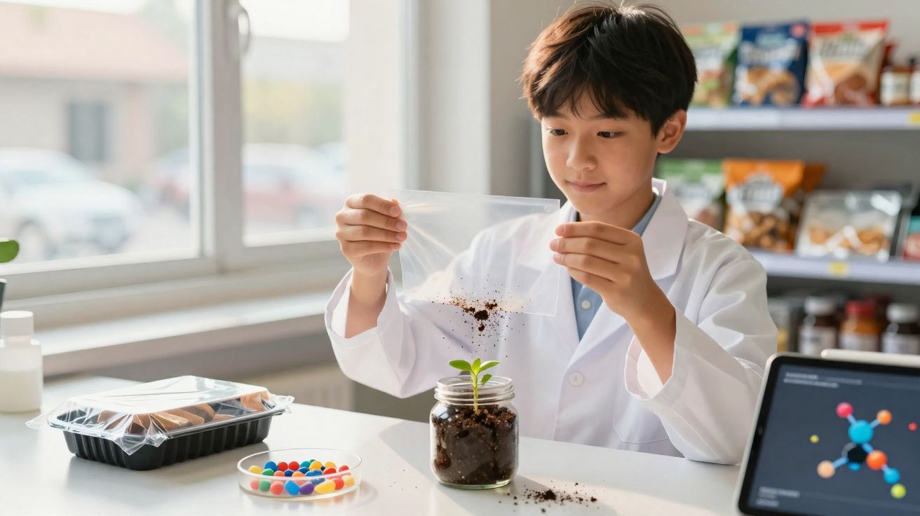 Rapaz de bata branca a colocar terra num frasco com planta, num ambiente de ciência ou aprendizagem.