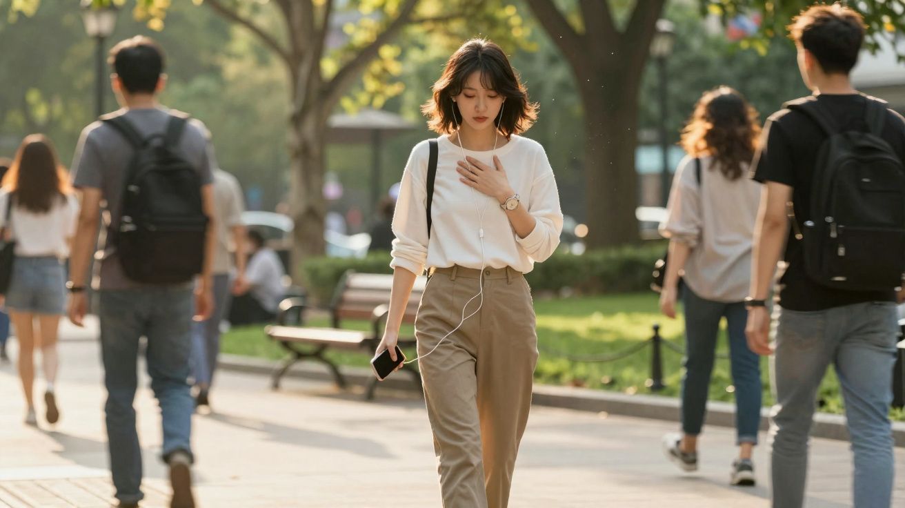 Mulher jovem com roupa casual a caminhar num parque urbano durante o dia, rodeada por outras pessoas.