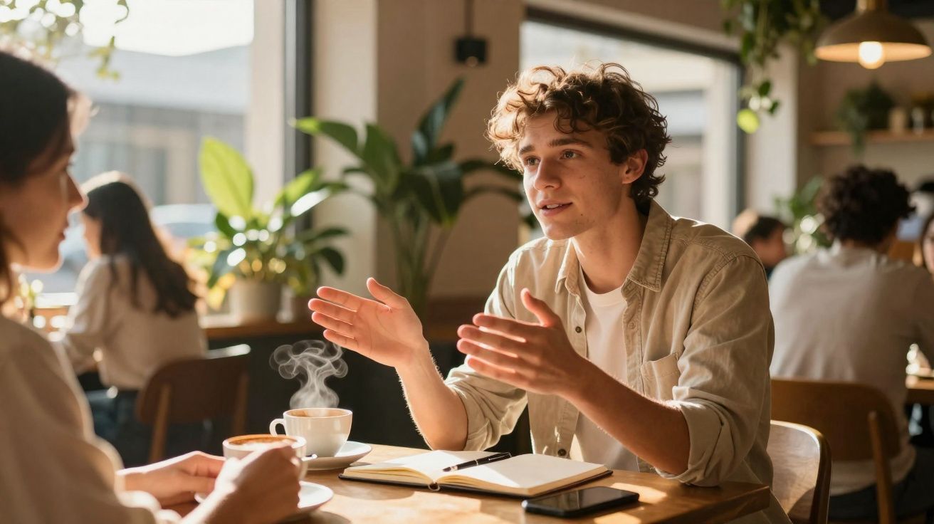 Jovem a conversar animadamente com uma mulher enquanto tomam café numa esplanada iluminada.