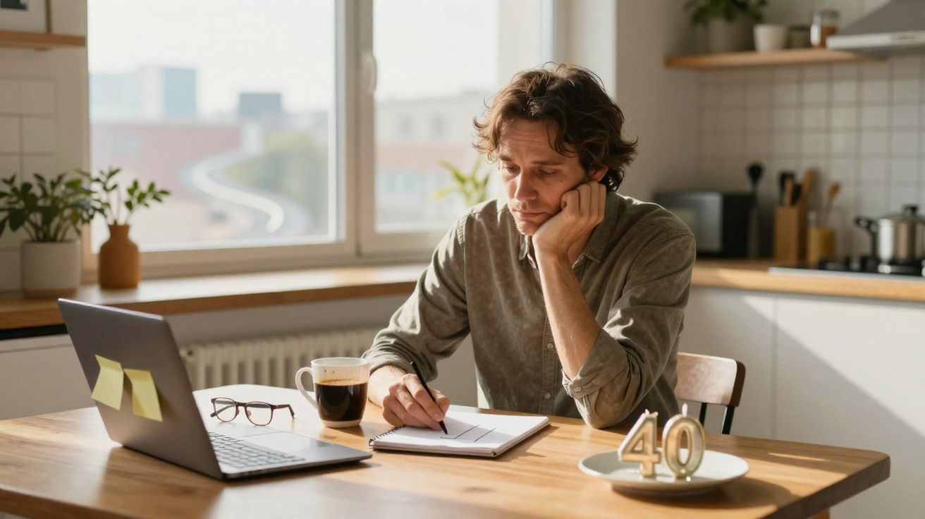 Homem pensativo a escrever num caderno na cozinha com computador, café e velas de aniversário 40 anos.
