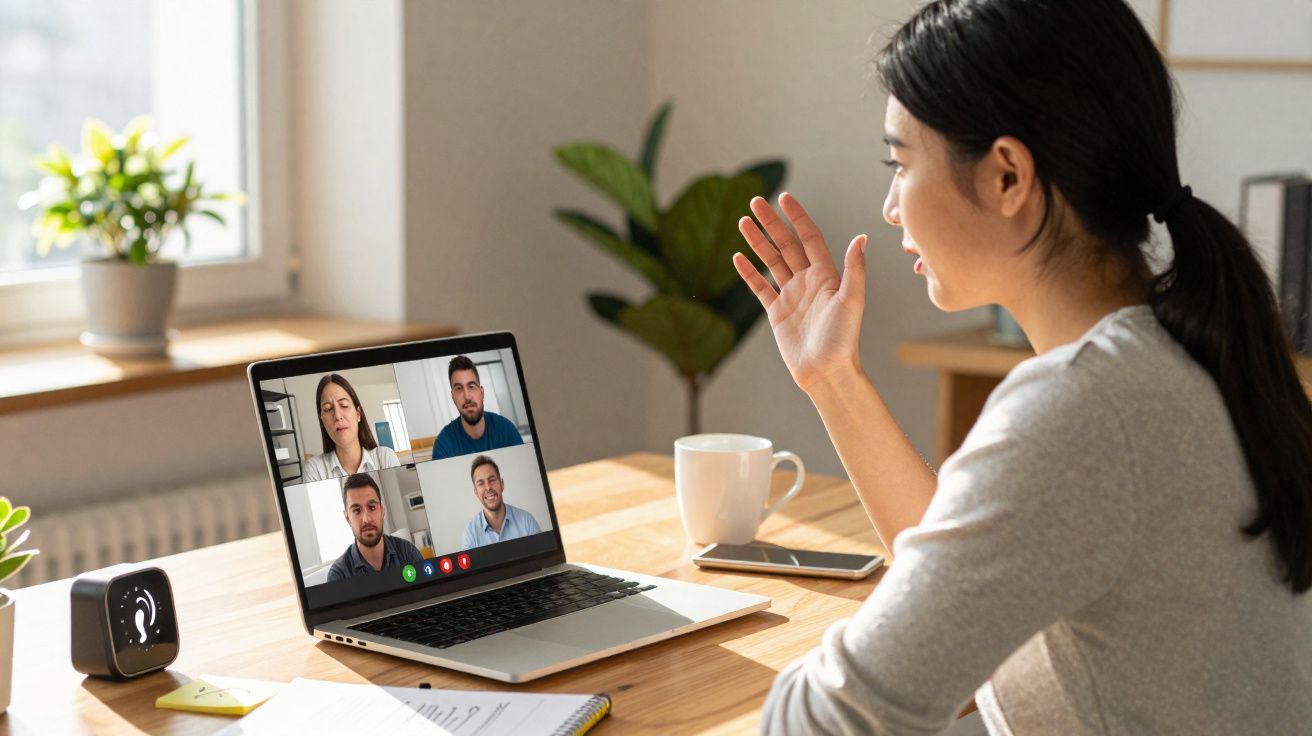 Mulher em videoconferência com quatro pessoas no ecrã do portátil numa sala iluminada.